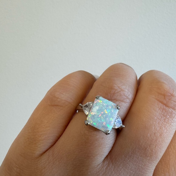 Opal Ring, Radiant Cut Lab Fire Opal Ring with Heart Stones, Sterling Silver - Picture 10 of 11